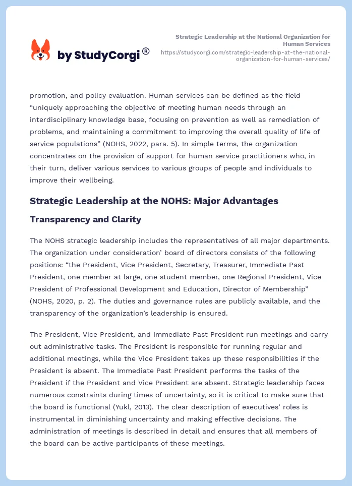 Strategic Leadership at the National Organization for Human Services. Page 2
