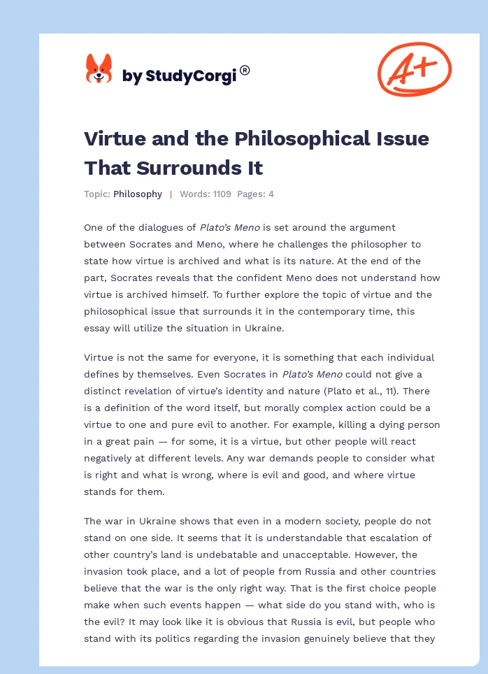 Virtue and the Philosophical Issue That Surrounds It. Page 1