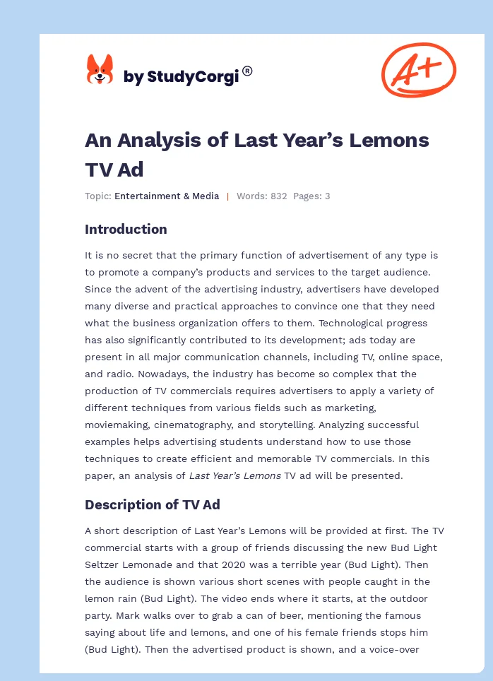 An Analysis of Last Year’s Lemons TV Ad. Page 1