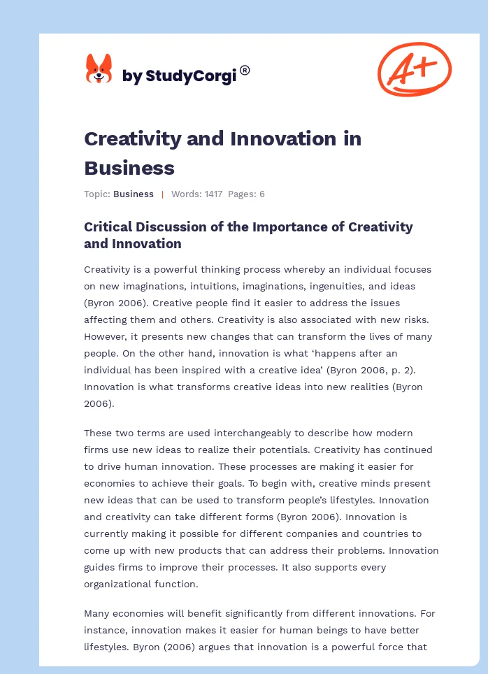 Creativity and Innovation in Business. Page 1