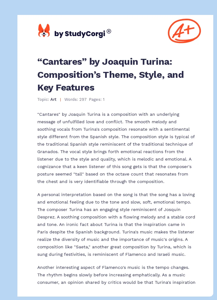 “Cantares” by Joaquin Turina: Composition’s Theme, Style, and Key Features. Page 1
