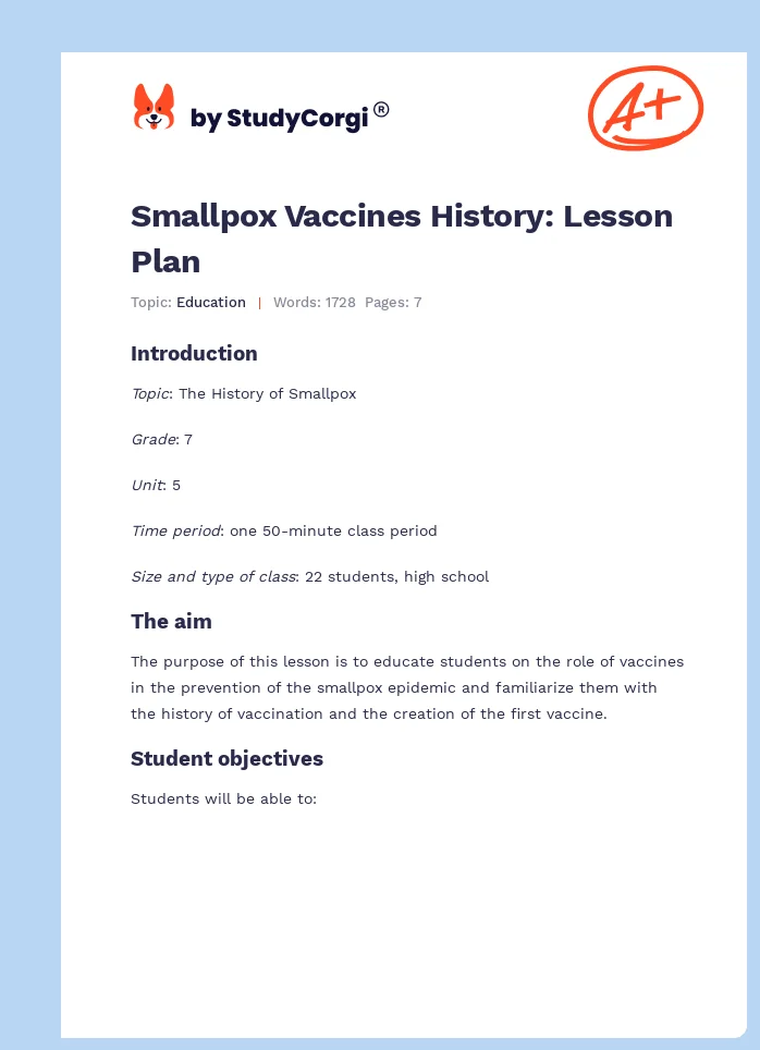Smallpox Vaccines History: Lesson Plan. Page 1
