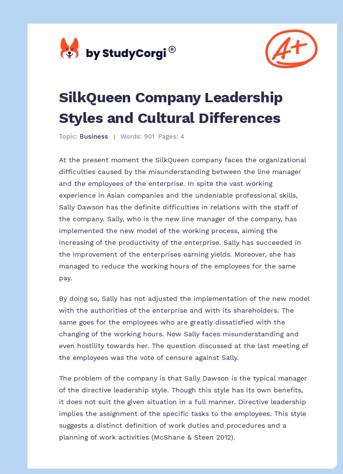 SilkQueen Company Leadership Styles and Cultural Differences. Page 1