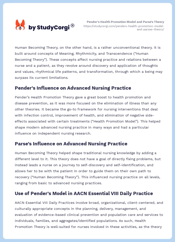 Pender’s Health Promotion Model and Parse’s Theory. Page 2