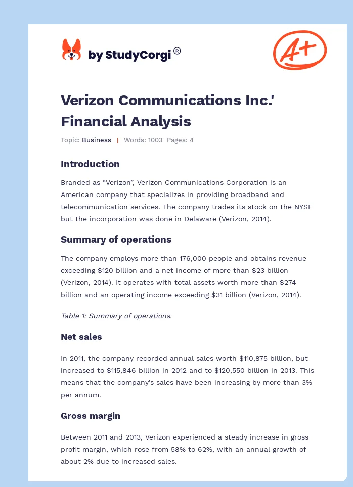 Verizon Communications Inc.' Financial Analysis. Page 1