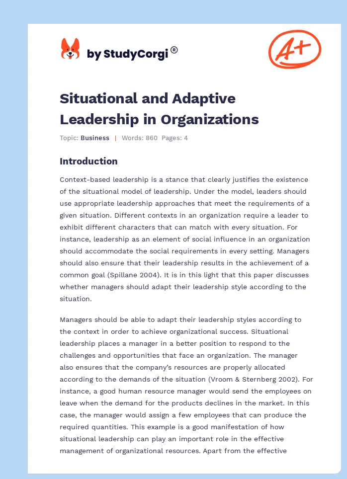 Situational and Adaptive Leadership in Organizations. Page 1