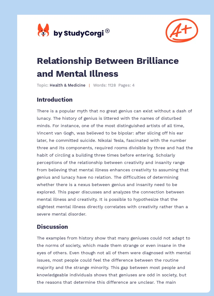 Relationship Between Brilliance and Mental Illness. Page 1
