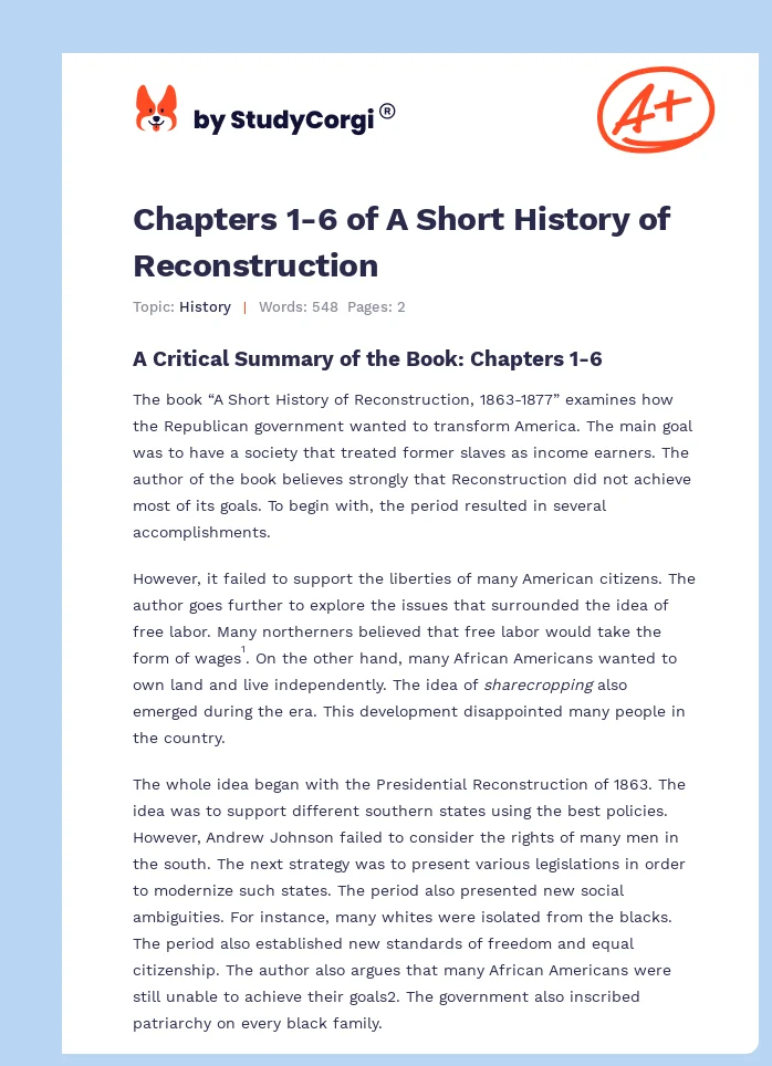 Chapters 1-6 of A Short History of Reconstruction. Page 1