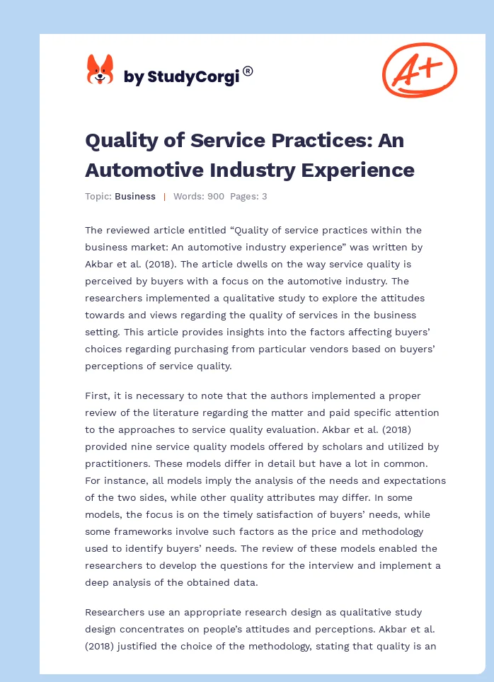 Quality of Service Practices: An Automotive Industry Experience. Page 1