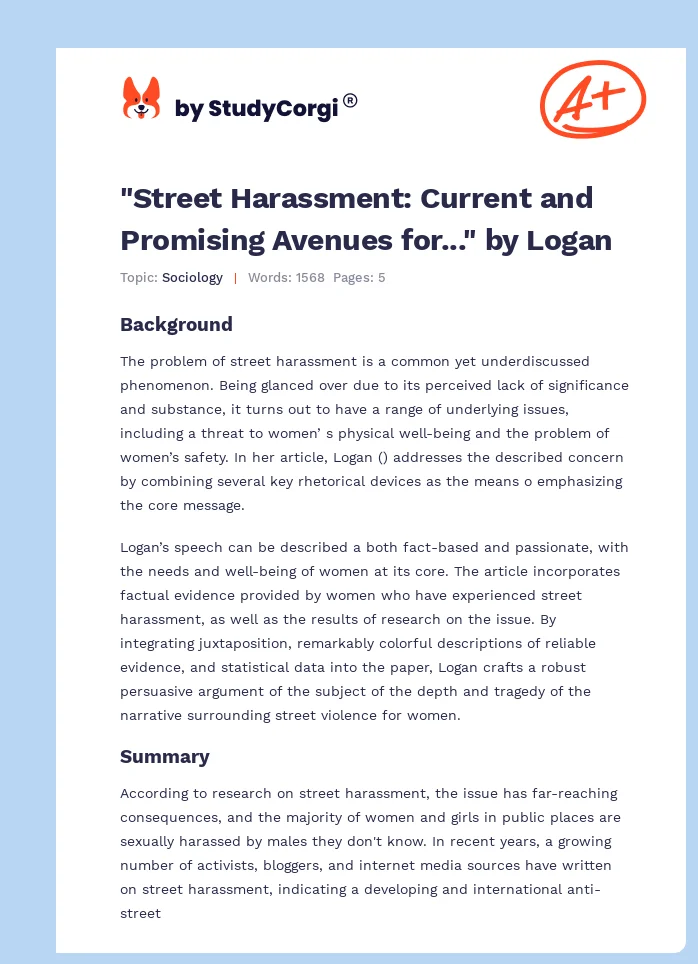 "Street Harassment: Current and Promising Avenues for..." by Logan. Page 1