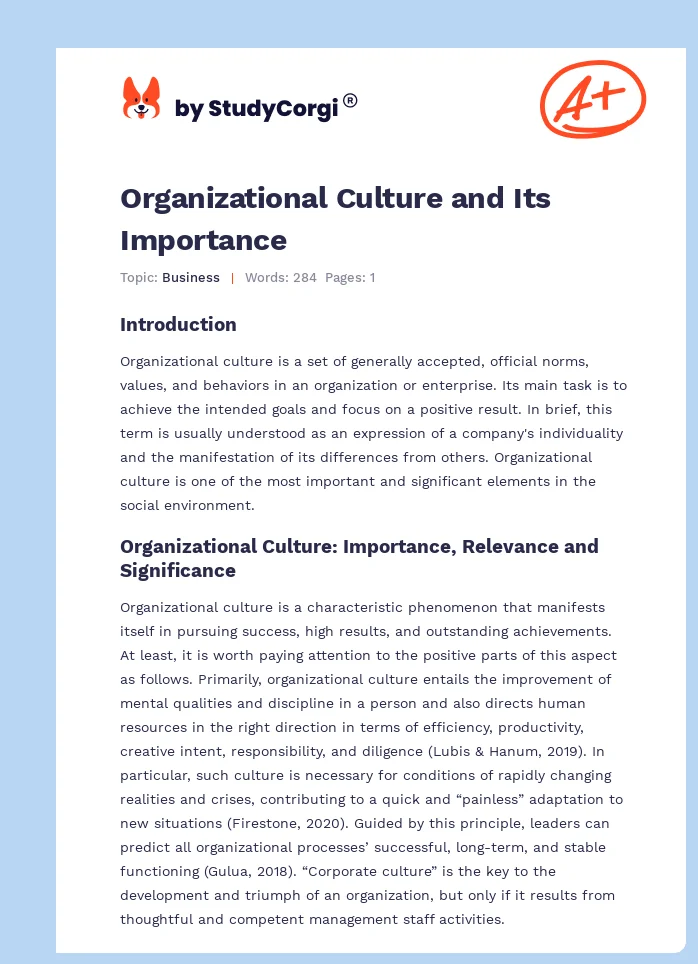 Organizational Culture and Its Importance. Page 1