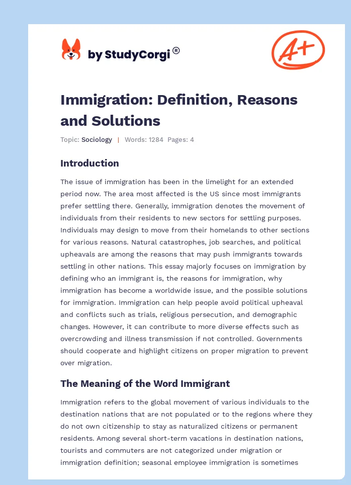 Immigration: Definition, Reasons and Solutions. Page 1