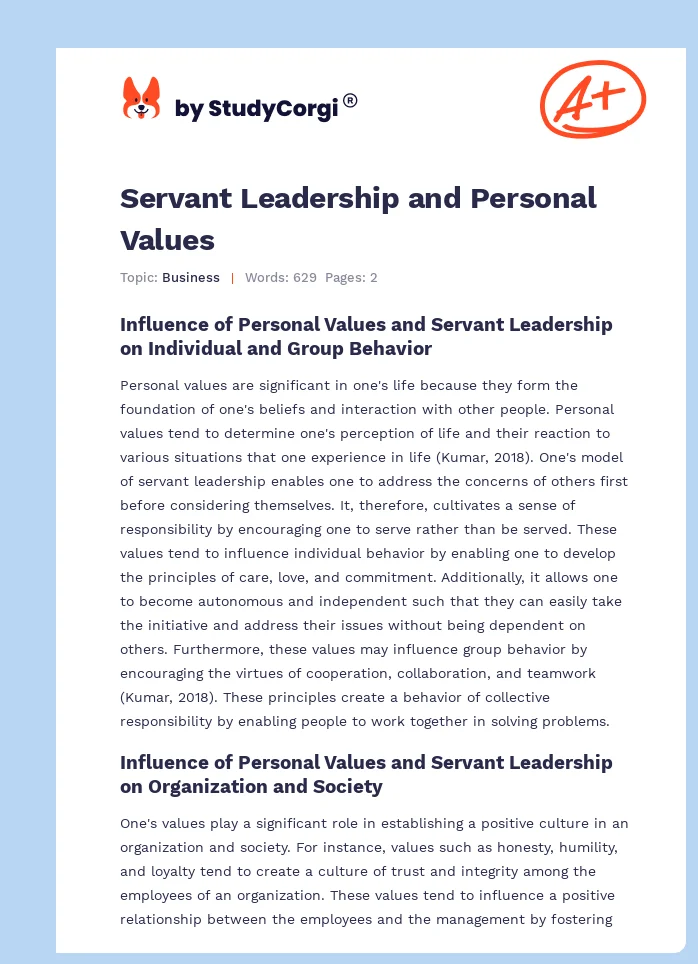 Servant Leadership and Personal Values. Page 1