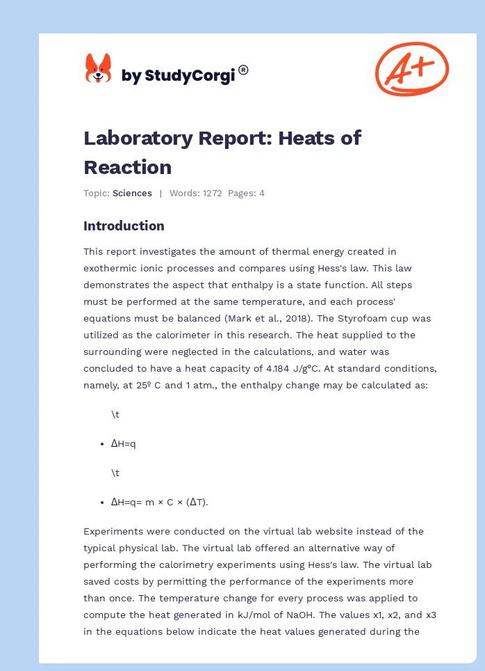 Laboratory Report: Heats of Reaction. Page 1