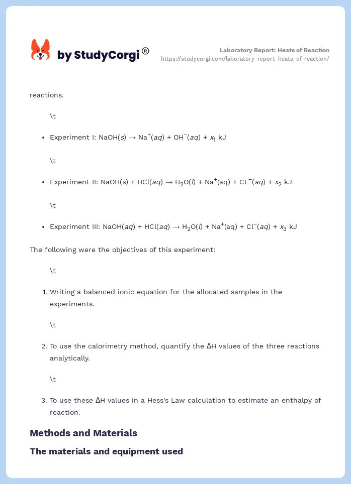 Laboratory Report: Heats of Reaction. Page 2