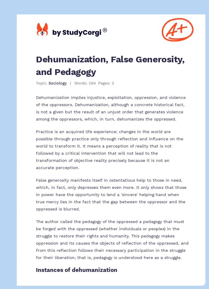 Dehumanization, False Generosity, and Pedagogy. Page 1
