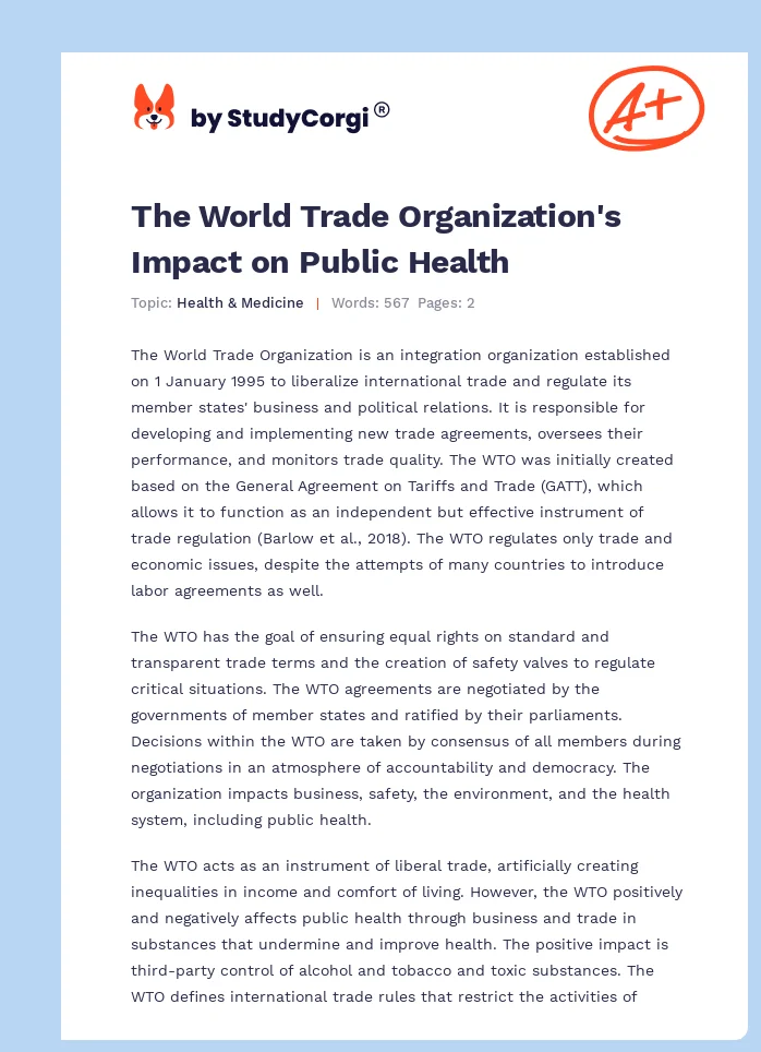 The World Trade Organization's Impact on Public Health. Page 1