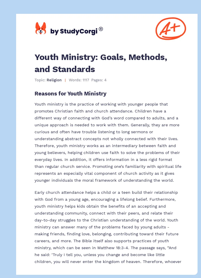 Youth Ministry: Goals, Methods, and Standards. Page 1