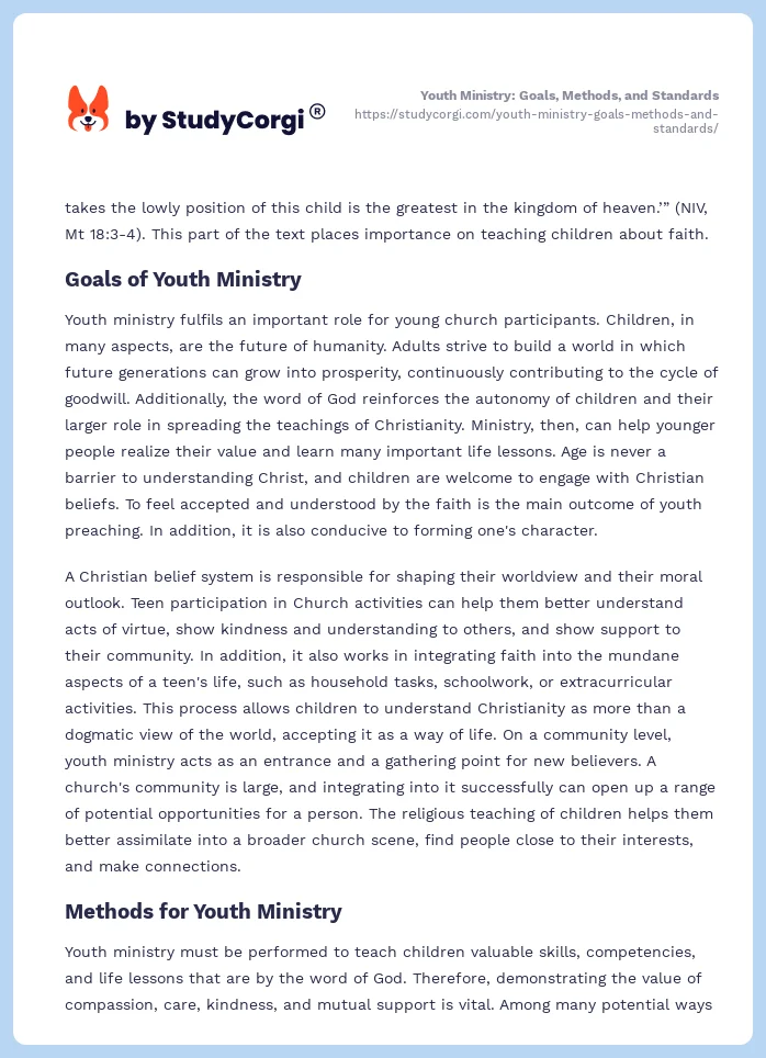 Youth Ministry: Goals, Methods, and Standards. Page 2