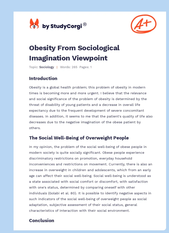 Obesity From Sociological Imagination Viewpoint. Page 1