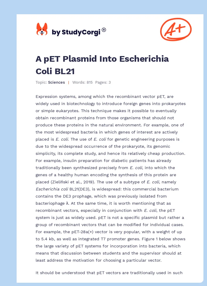 A pET Plasmid Into Escherichia Coli BL21. Page 1