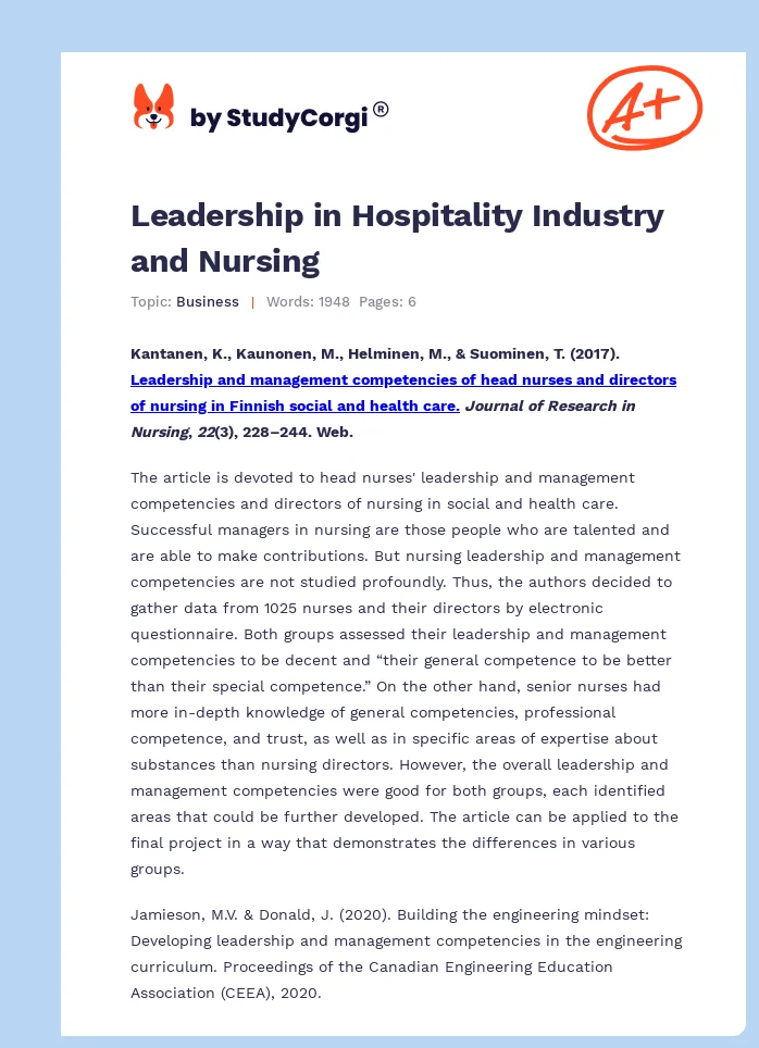 Leadership in Hospitality Industry and Nursing. Page 1