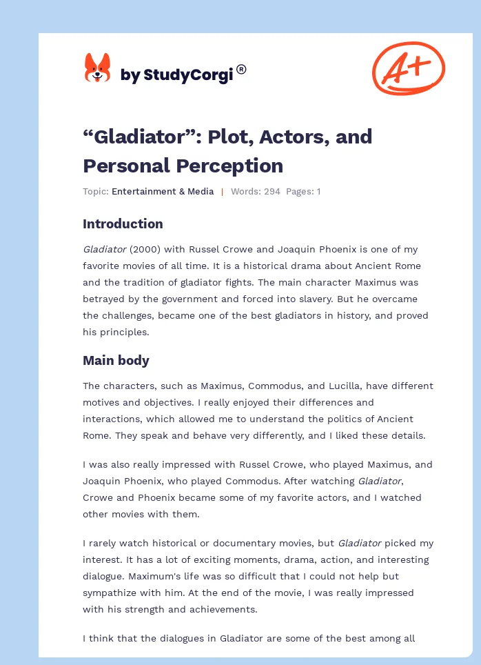 “Gladiator”: Plot, Actors, and Personal Perception. Page 1