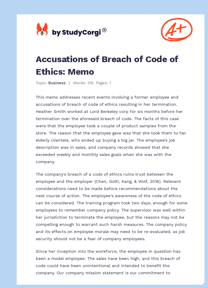 Accusations of Breach of Code of Ethics: Memo. Page 1