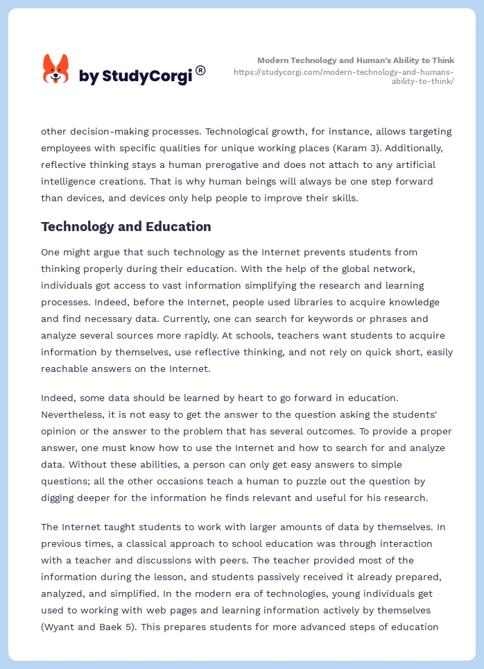 Modern Technology and Human’s Ability to Think. Page 2