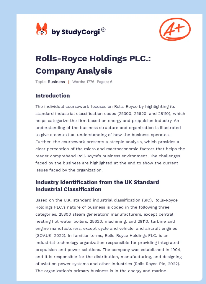 Rolls-Royce Holdings PLC.: Company Analysis. Page 1