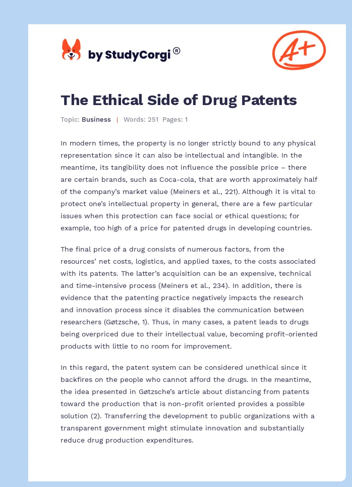 The Ethical Side of Drug Patents. Page 1