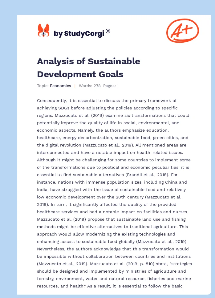 Analysis of Sustainable Development Goals. Page 1