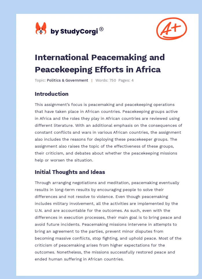 International Peacemaking and Peacekeeping Efforts in Africa. Page 1