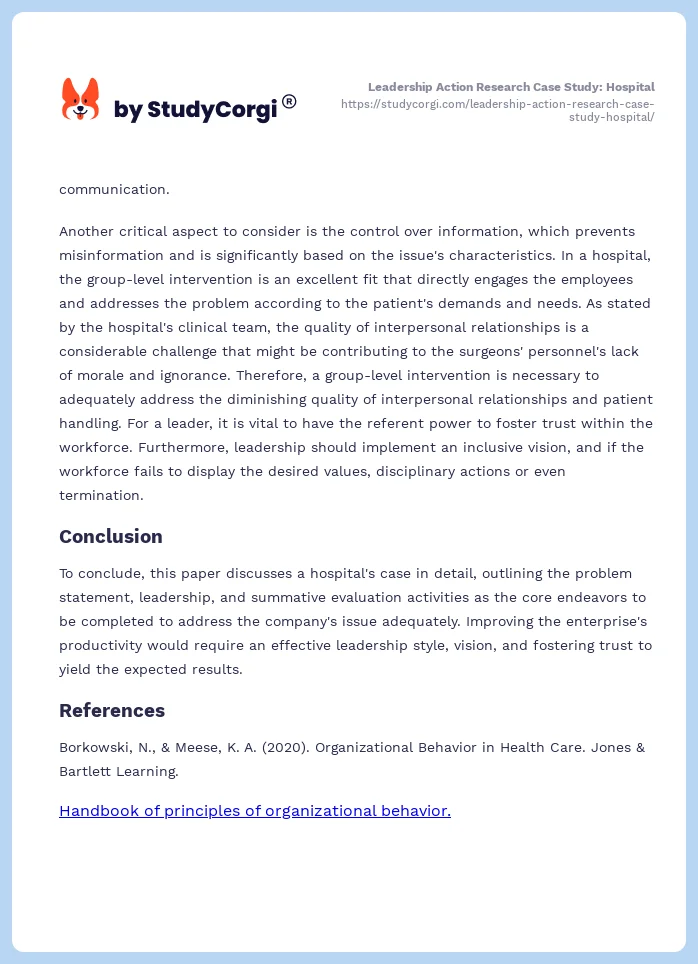 Leadership Action Research Case Study: Hospital. Page 2