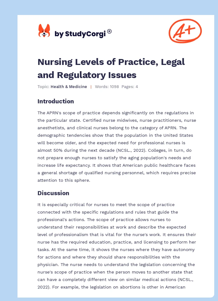 Nursing Levels of Practice, Legal and Regulatory Issues. Page 1