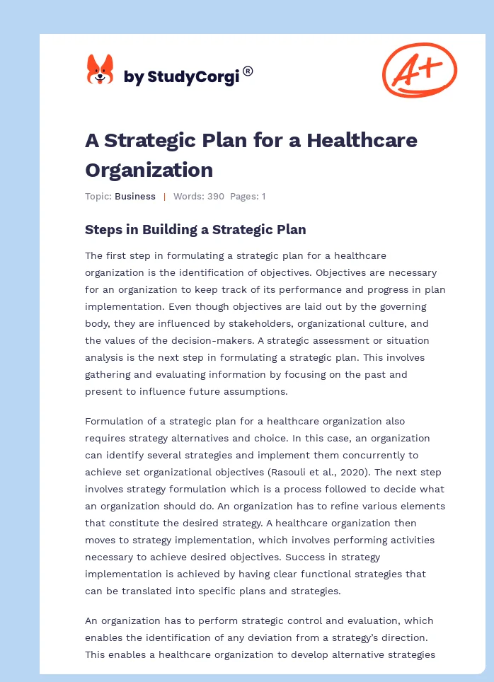 A Strategic Plan for a Healthcare Organization. Page 1
