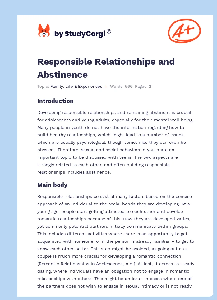 Responsible Relationships and Abstinence. Page 1