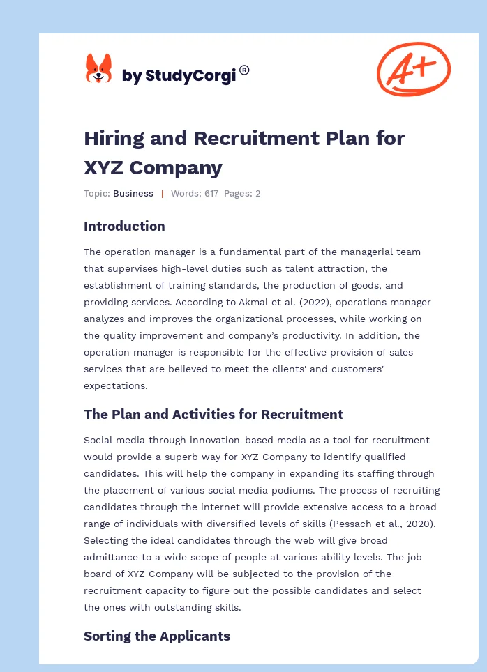 Hiring and Recruitment Plan for XYZ Company. Page 1