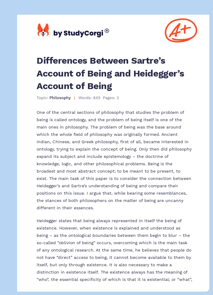 Differences Between Sartre’s Account of Being and Heidegger’s Account of Being. Page 1
