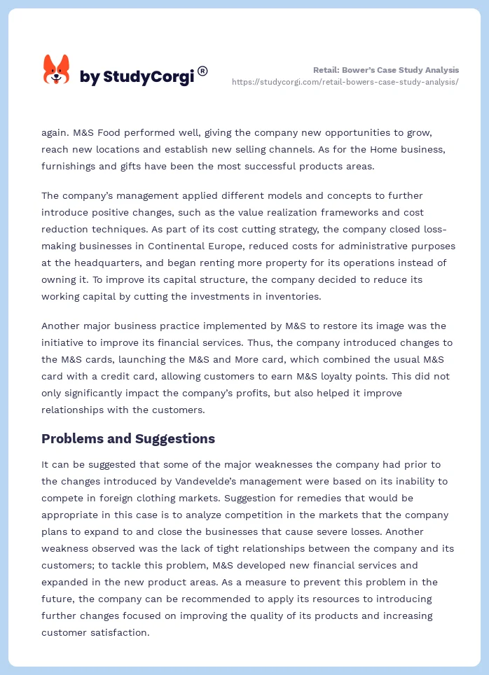 Retail: Bower’s Case Study Analysis. Page 2