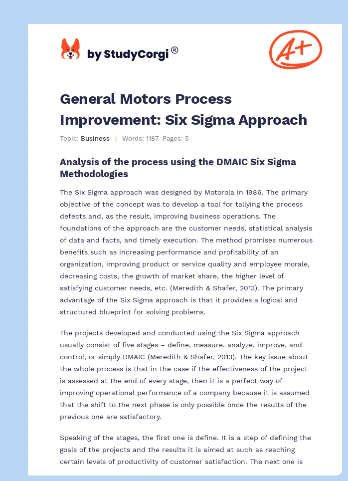 General Motors Process Improvement: Six Sigma Approach. Page 1