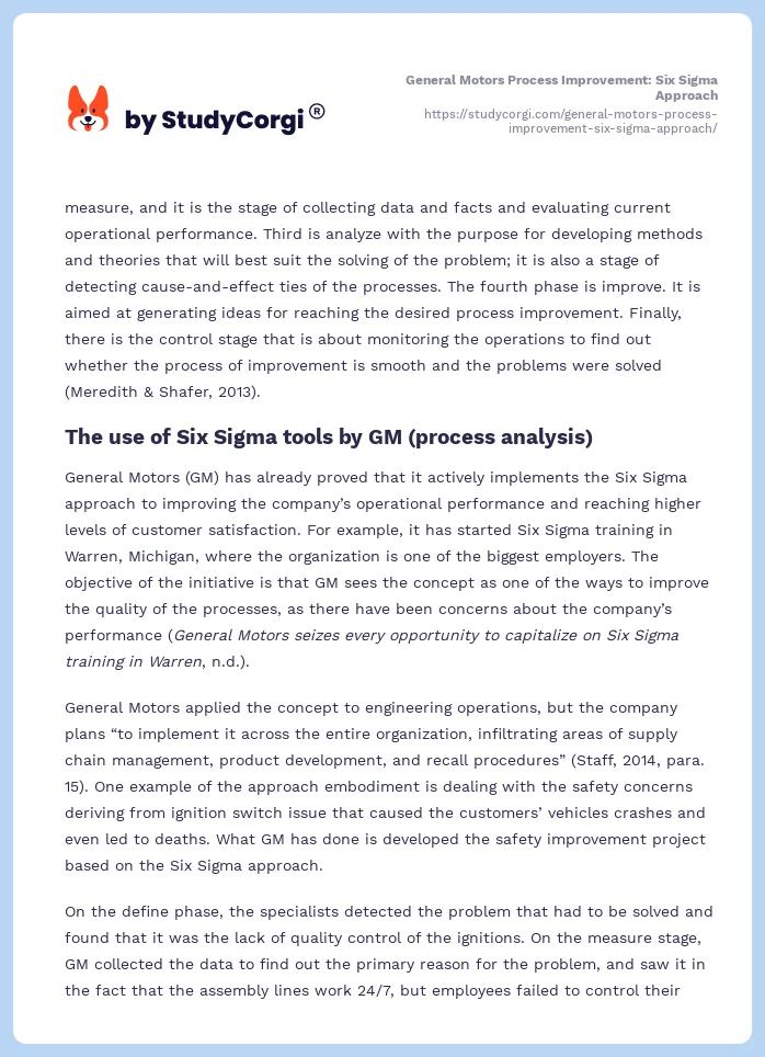 General Motors Process Improvement: Six Sigma Approach. Page 2