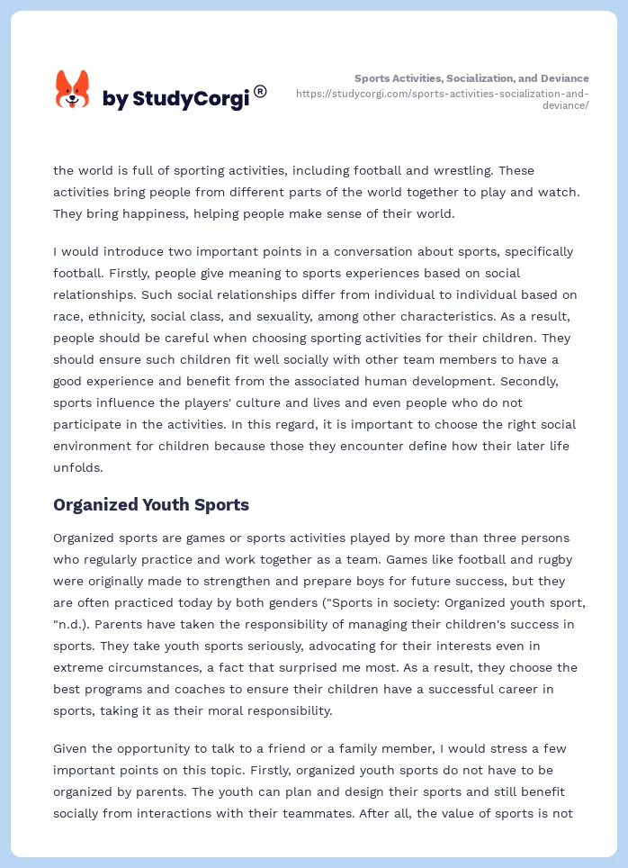 Sports Activities, Socialization, and Deviance. Page 2