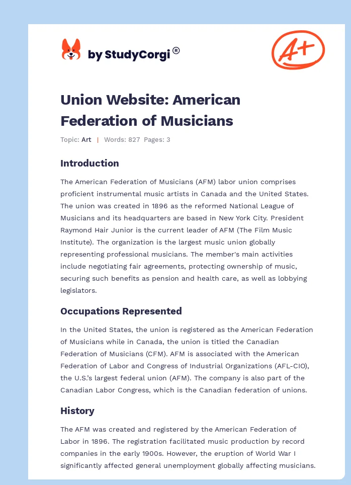 Union Website: American Federation of Musicians. Page 1