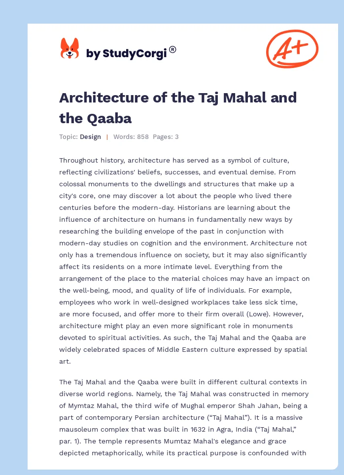 Architecture of the Taj Mahal and the Qaaba. Page 1