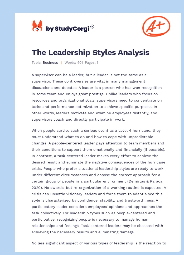 The Leadership Styles Analysis. Page 1