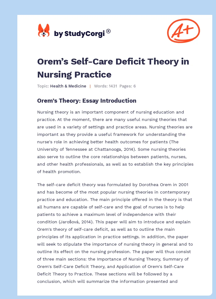 Orem’s Self-Care Deficit Theory in Nursing Practice. Page 1