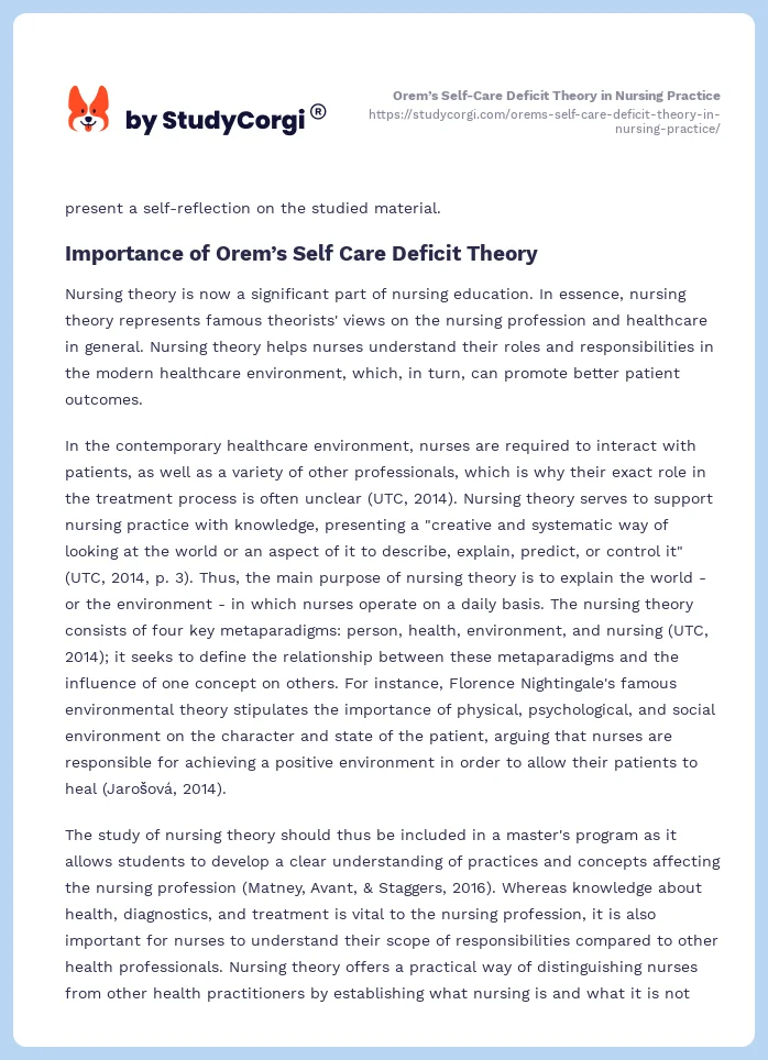Orem’s Self-Care Deficit Theory in Nursing Practice. Page 2