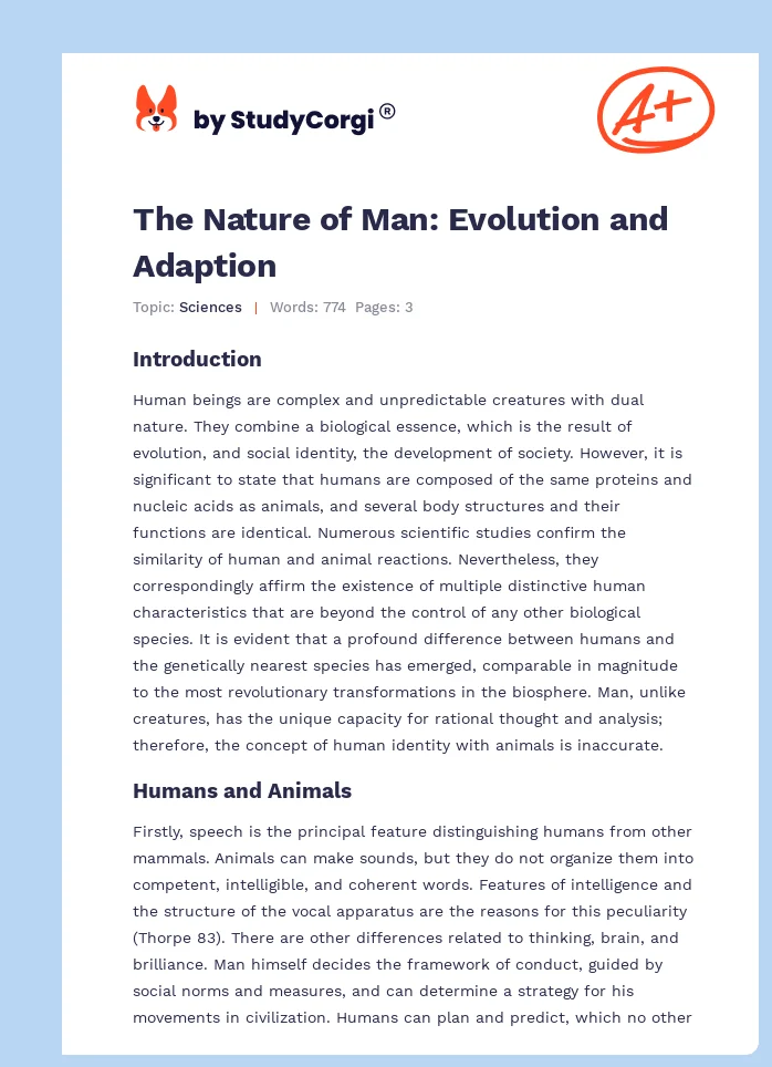 The Nature of Man: Evolution and Adaption. Page 1