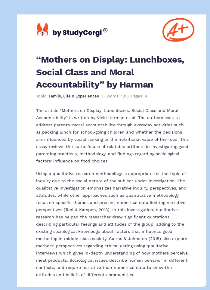 “Mothers on Display: Lunchboxes, Social Class and Moral Accountability” by Harman. Page 1
